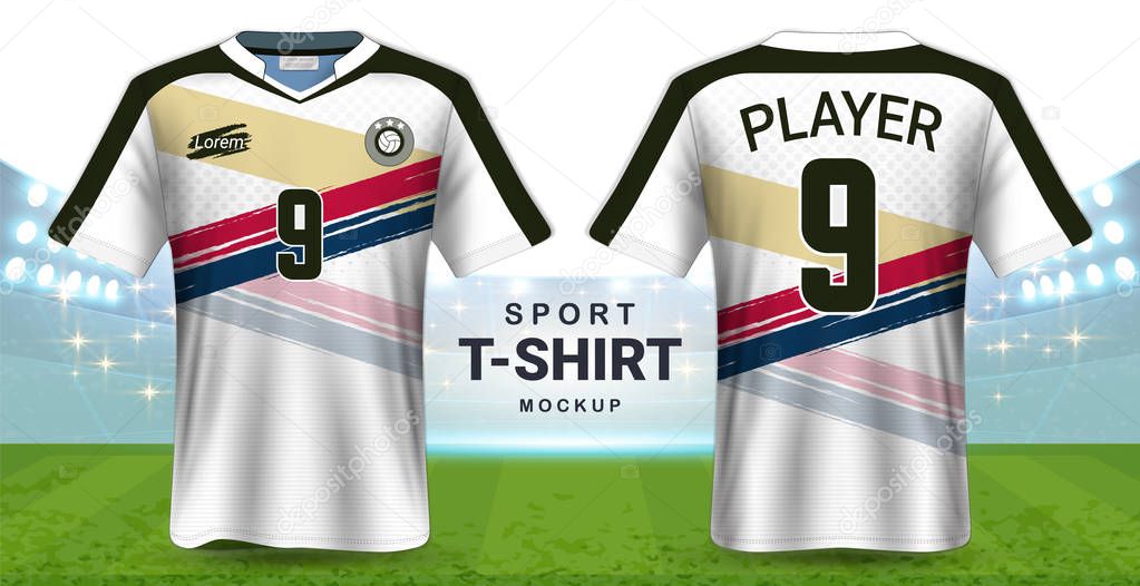Soccer Jersey and Sportswear T-Shirt Mockup Template, Realistic Graphic Design Front and Back View for Football Kit Uniforms, Easy Possibility to Apply Your Artwork, Text, Image, Logo