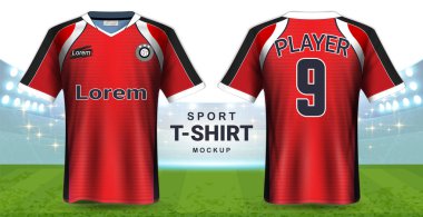 Futbol forma ve spor giyim tişört Mockup şablon, gerçekçi grafik tasarım ön ve futbol takımı üniformalar, resim, metin, resim, Logo (Eps10 vektör uygulamak kolay olasılığı için arkadan görünüm)