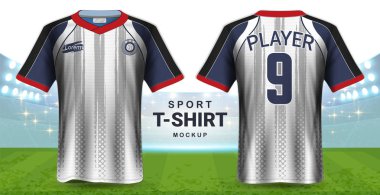Soccer Jersey and Sportswear T-Shirt Mockup Template, Realistic Graphic Design Front and Back View for Football Kit Uniforms, Easy Possibility to Apply Your Artwork, Text, Image, Logo (Eps10 Vector) clipart