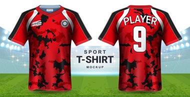 Futbol forma ve spor giyim tişört Mockup şablon, gerçekçi grafik tasarım ön ve futbol takımı üniformalar, resim, metin, resim, Logo (Eps10 vektör uygulamak kolay olasılığı için arkadan görünüm)
