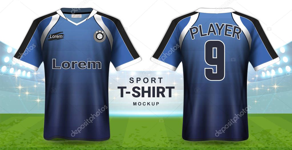 Soccer Jersey and Sportswear T-Shirt Mockup Template, Realistic Graphic Design Front and Back View for Football Kit Uniforms, Easy Possibility to Apply Your Artwork, Text, Image, Logo (Eps10 Vector)