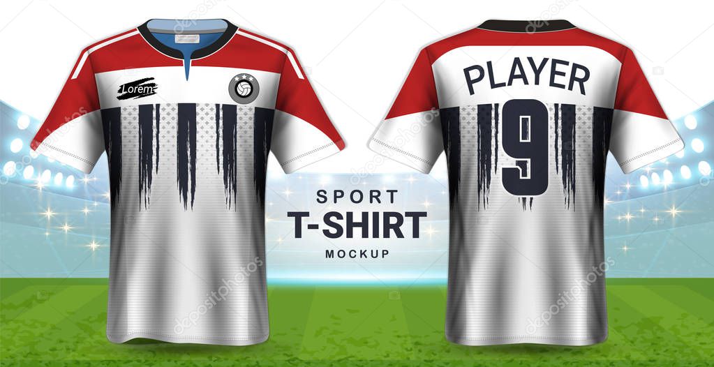 Soccer Jersey and Sportswear T-Shirt Mockup Template, Realistic Graphic Design Front and Back View for Football Kit Uniforms, Easy Possibility to Apply Your Artwork, Text, Image, Logo (Eps10 Vector)