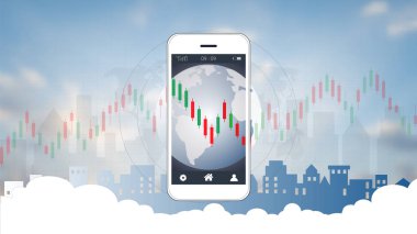 Şamdan ve mali graph grafikleri ekran, küresel ağ bağlantısı ve kablosuz teknolojisi ile mobil stok ticaret kavramı yatırımcılar ticaret platformları onların telefon erişimi sağlar.