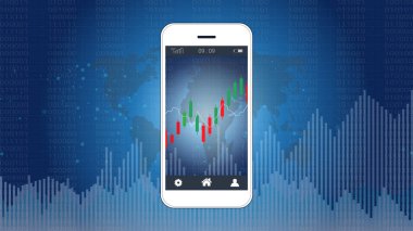 Şamdan ve mali graph grafikleri ekran, küresel ağ bağlantısı ve kablosuz teknolojisi ile mobil stok ticaret kavramı yatırımcılar ticaret platformları onların telefon erişimi sağlar.