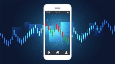 Şamdan ve mali graph grafikleri ekran, küresel ağ bağlantısı ve kablosuz teknolojisi ile mobil stok ticaret kavramı yatırımcılar ticaret platformları onların telefon erişimi sağlar.