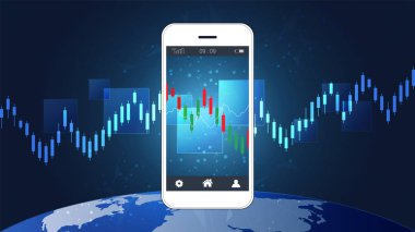 Şamdan ve mali graph grafikleri ekran, küresel ağ bağlantısı ve kablosuz teknolojisi ile mobil stok ticaret kavramı yatırımcılar ticaret platformları onların telefon erişimi sağlar.