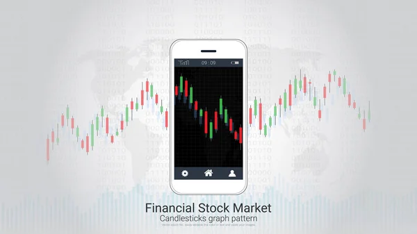 Concepto Comercio Acciones Móviles Con Velas Gráficos Financieros Pantalla Conexión — Archivo Imágenes Vectoriales