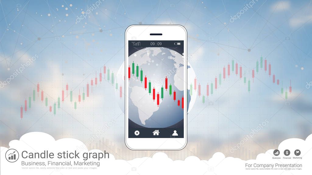 Mobile stock trading concept with candlestick and financial graph charts on screen, Global network connection and wireless technology allows investors to access trading platforms from their telephone.