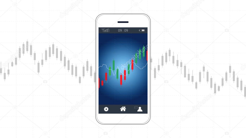 Mobile stock trading concept with candlestick and financial graph charts on screen, Global network connection and wireless technology allows investors to access trading platforms from their telephone.