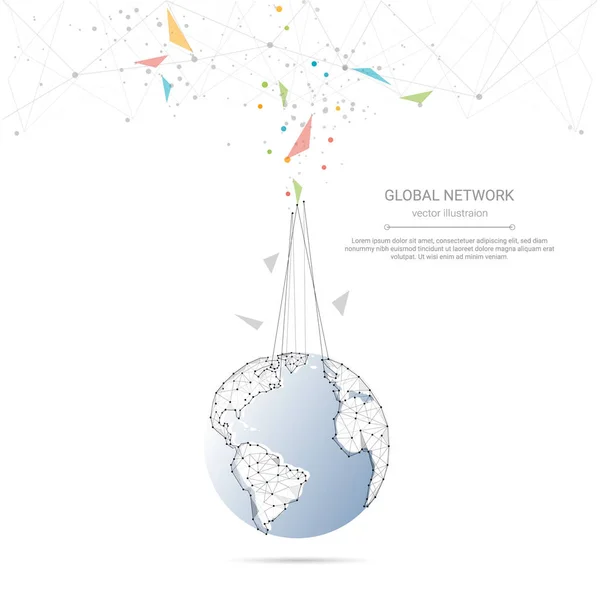 Globale Netzwerkverbindung Low Poly Verbindungspunkte Und Linien Mit Weltkartenhintergrund Symbol — Stockvektor
