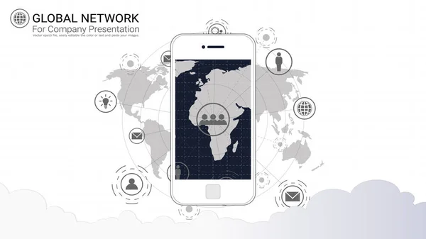 Smartphone Bildschirm Mit Globalem Netzwerkhintergrund Symbol Internationaler Kommunikation Sozialer Medien — Stockvektor