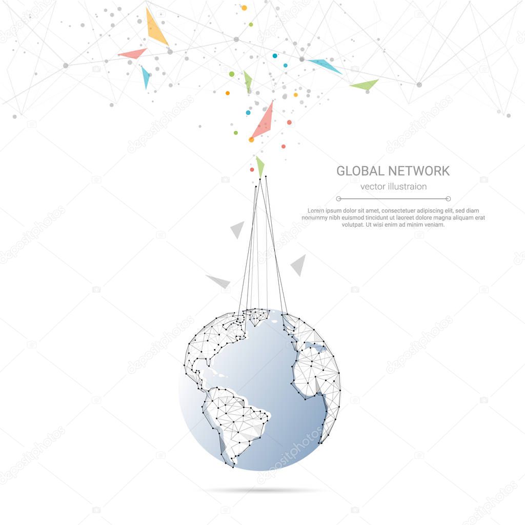 Global network connection, Low poly connecting dots and lines with world map background, Symbol of International communication, Social media and Digital device technology which spans the entire earth.