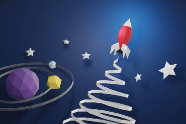 Gezegen ile mavi bir arka plan üzerinde uzayda roket fırlatma sanat tarzı kağıt, herhangi bir özel günler, 3d render ve en az konsept tasarımı için kendi kişiselleştirilmiş tebrik kartı yapmak.