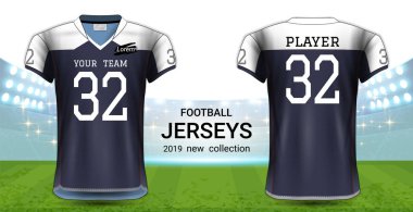 Amerikan futbolu ya da futbol formaları üniforma, gerçekçi grafik sunum Mockup şablonu, resim, metin, resim, Logo uygulamak kolay olasılığı için önden ve arkadan görünüm Tasarla.