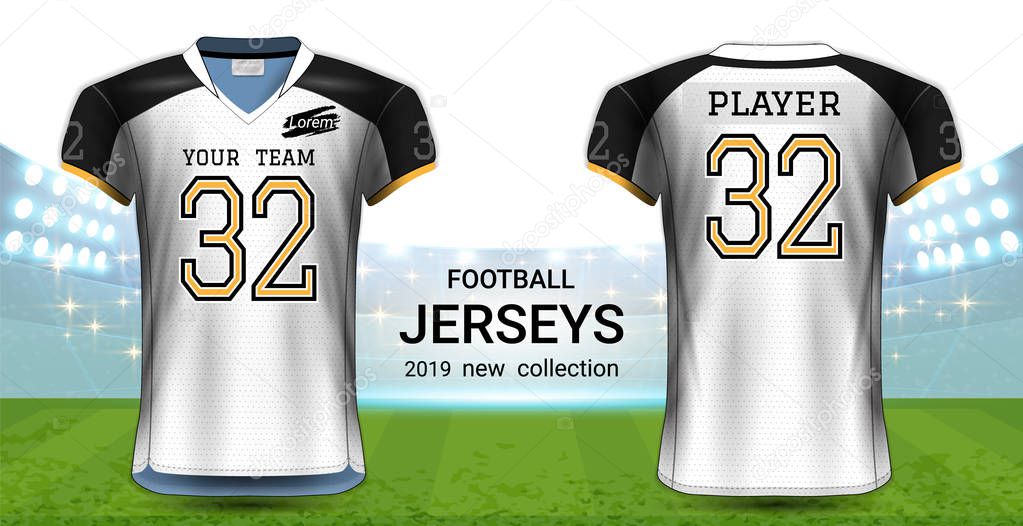 American Football or Soccer Jerseys Uniforms, Realistic Graphic Design Front and Back View for Presentation Mockup Template, Easy Possibility to Apply Your Artwork, Text, Image, Logo.