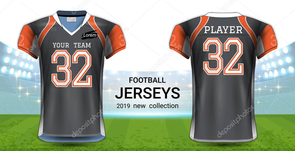 American Football or Soccer Jerseys Uniforms, Realistic Graphic Design Front and Back View for Presentation Mockup Template, Easy Possibility to Apply Your Artwork, Text, Image, Logo.