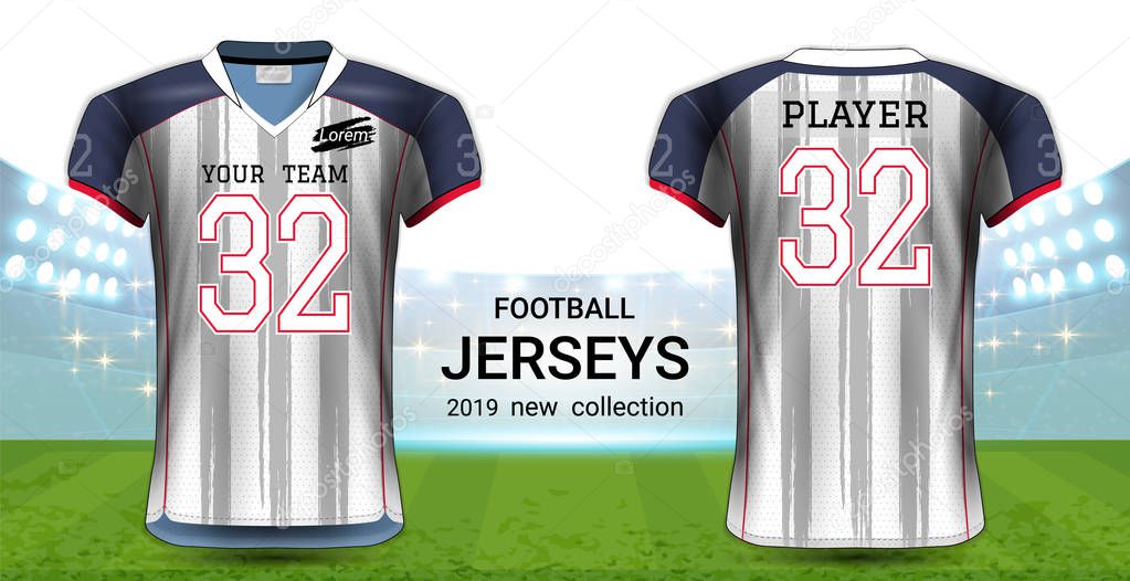 American Football or Soccer Jerseys Uniforms, Realistic Graphic Design Front and Back View for Presentation Mockup Template, Easy Possibility to Apply Your Artwork, Text, Image, Logo.