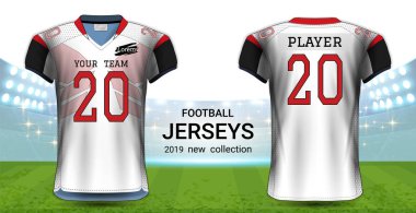 Amerikan futbolu ya da futbol formaları üniforma, gerçekçi grafik sunum Mockup şablonu, resim, metin, resim, Logo uygulamak kolay olasılığı için önden ve arkadan görünüm Tasarla.