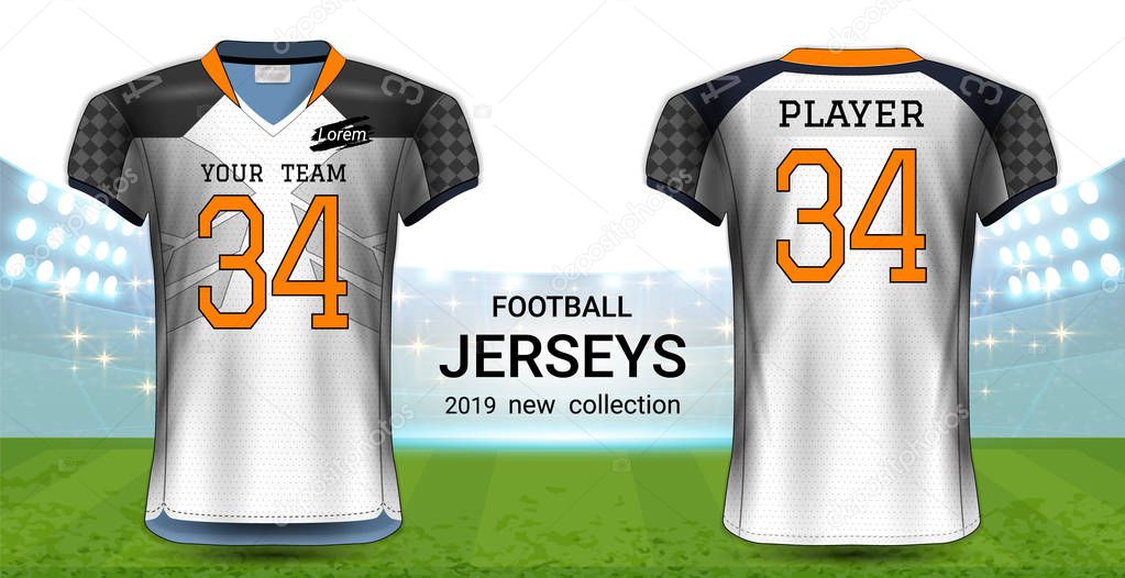 American Football or Soccer Jerseys Uniforms, Realistic Graphic Design Front and Back View for Presentation Mockup Template, Easy Possibility to Apply Your Artwork, Text, Image, Logo.