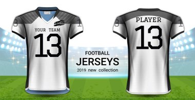 Amerikan futbolu ya da futbol formaları üniforma, gerçekçi grafik sunum Mockup şablonu, resim, metin, resim, Logo (Eps10 vektör uygulamak kolay olasılığı için önden ve arkadan görünüm Tasarla)