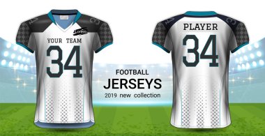 Amerikan futbolu ya da futbol formaları üniforma, gerçekçi grafik sunum Mockup şablonu, resim, metin, resim, Logo (Eps10 vektör uygulamak kolay olasılığı için önden ve arkadan görünüm Tasarla)