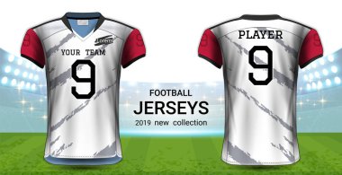 Amerikan futbolu ya da futbol formaları üniforma, gerçekçi grafik sunum Mockup şablonu, resim, metin, resim, Logo (Eps10 vektör uygulamak kolay olasılığı için önden ve arkadan görünüm Tasarla)
