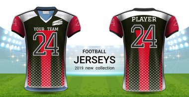 Amerikan futbolu ya da futbol formaları üniforma, gerçekçi grafik sunum Mockup şablonu, resim, metin, resim, Logo (Eps10 vektör uygulamak kolay olasılığı için önden ve arkadan görünüm Tasarla)