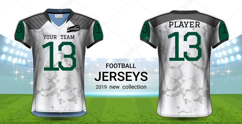 American Football or Soccer Jerseys Uniforms, Realistic Graphic Design Front and Back View for Presentation Mockup Template, Easy Possibility to Apply Your Artwork, Text, Image, Logo (Eps10 Vector)