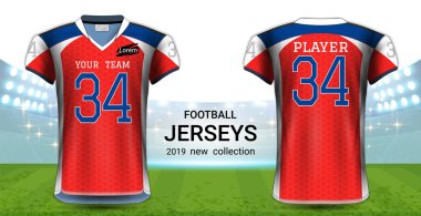 Amerikan futbolu ya da futbol formaları üniforma, gerçekçi grafik sunum Mockup şablonu, resim, metin, resim, Logo (Eps10 vektör uygulamak kolay olasılığı için önden ve arkadan görünüm Tasarla)