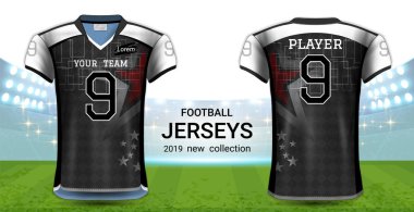 Amerikan futbolu ya da futbol formaları üniforma, gerçekçi grafik sunum Mockup şablonu, resim, metin, resim, Logo (Eps10 vektör uygulamak kolay olasılığı için önden ve arkadan görünüm Tasarla)