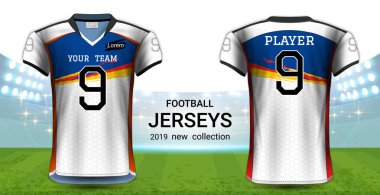 Amerikan futbolu ya da futbol formaları üniforma, gerçekçi grafik sunum Mockup şablonu, resim, metin, resim, Logo (Eps10 vektör uygulamak kolay olasılığı için önden ve arkadan görünüm Tasarla)