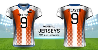Amerikan futbolu ya da futbol formaları üniforma, gerçekçi grafik sunum Mockup şablonu, resim, metin, resim, Logo (Eps10 vektör uygulamak kolay olasılığı için önden ve arkadan görünüm Tasarla)
