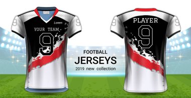 Amerikan futbolu ya da futbol formaları üniforma, gerçekçi grafik sunum Mockup şablonu, resim, metin, resim, Logo (Eps10 vektör uygulamak kolay olasılığı için önden ve arkadan görünüm Tasarla)