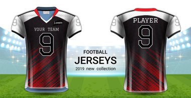 Amerikan futbolu ya da futbol formaları üniforma, gerçekçi grafik sunum Mockup şablonu, resim, metin, resim, Logo (Eps10 vektör uygulamak kolay olasılığı için önden ve arkadan görünüm Tasarla)
