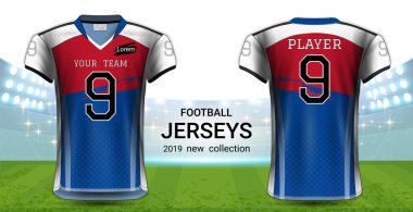 Amerikan futbolu ya da futbol formaları üniforma, gerçekçi grafik sunum Mockup şablonu, resim, metin, resim, Logo (Eps10 vektör uygulamak kolay olasılığı için önden ve arkadan görünüm Tasarla)