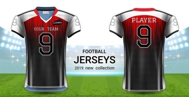 Amerikan futbolu ya da futbol formaları üniforma, gerçekçi grafik sunum Mockup şablonu, resim, metin, resim, Logo (Eps10 vektör uygulamak kolay olasılığı için önden ve arkadan görünüm Tasarla)