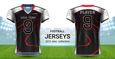 Amerikan futbolu ya da futbol formaları üniforma, gerçekçi grafik sunum Mockup şablonu, resim, metin, resim, Logo (Eps10 vektör uygulamak kolay olasılığı için önden ve arkadan görünüm Tasarla)