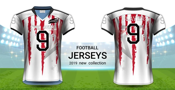 Camicie Football Americano Calcio Design Grafico Realistico Vista Frontale Posteriore — Vettoriale Stock