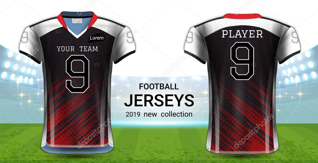 American Football or Soccer Jerseys Uniforms, Realistic Graphic Design Front and Back View for Presentation Mockup Template, Easy Possibility to Apply Your Artwork, Text, Image, Logo (Eps10 Vector)