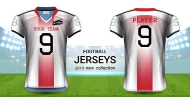 Amerikan futbolu ya da futbol formaları üniforma, gerçekçi grafik sunum Mockup şablonu, resim, metin, resim, Logo uygulamak kolay olasılığı için önden ve arkadan görünüm Tasarla.