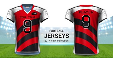 Amerikan futbolu ya da futbol formaları üniforma, gerçekçi grafik sunum Mockup şablonu, resim, metin, resim, Logo uygulamak kolay olasılığı için önden ve arkadan görünüm Tasarla.
