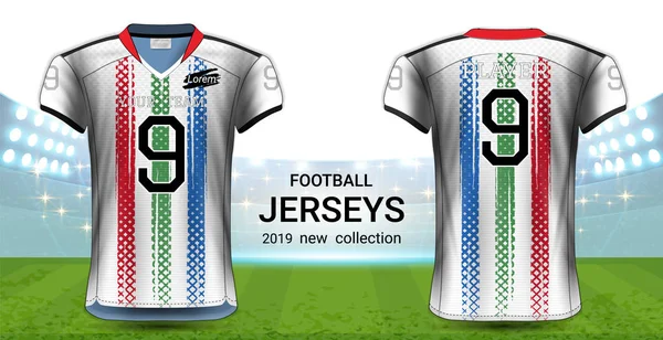 Camicie Football Americano Calcio Design Grafico Realistico Vista Frontale Posteriore — Vettoriale Stock