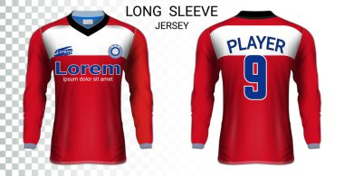 Futbol üniforma, kaleci, Motocross, Unisex Bisiklete binme, vb, uzun kollu futbol formaları, T-Shirt spor mockup şablon, gerçekçi grafik tasarım kolayca logosunu değiştirmek için adı, renk, stiller.