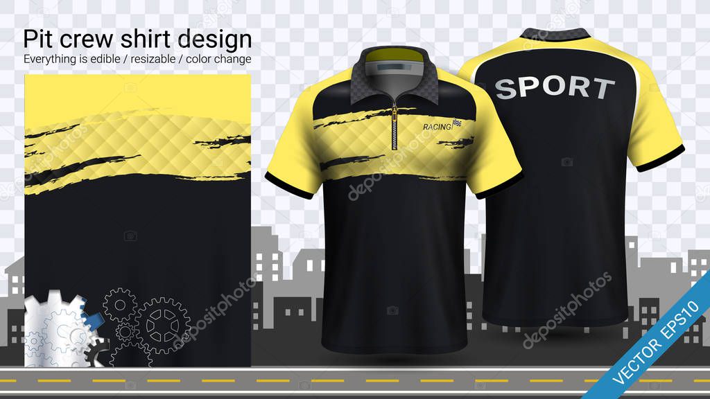 Polo t-shirt with zipper, Racing uniforms mockup template for Active wear and Sports clothing, such as, Racing apparel, Karting, Pit crew, Mechanic overalls, Everything is editable and Color change.