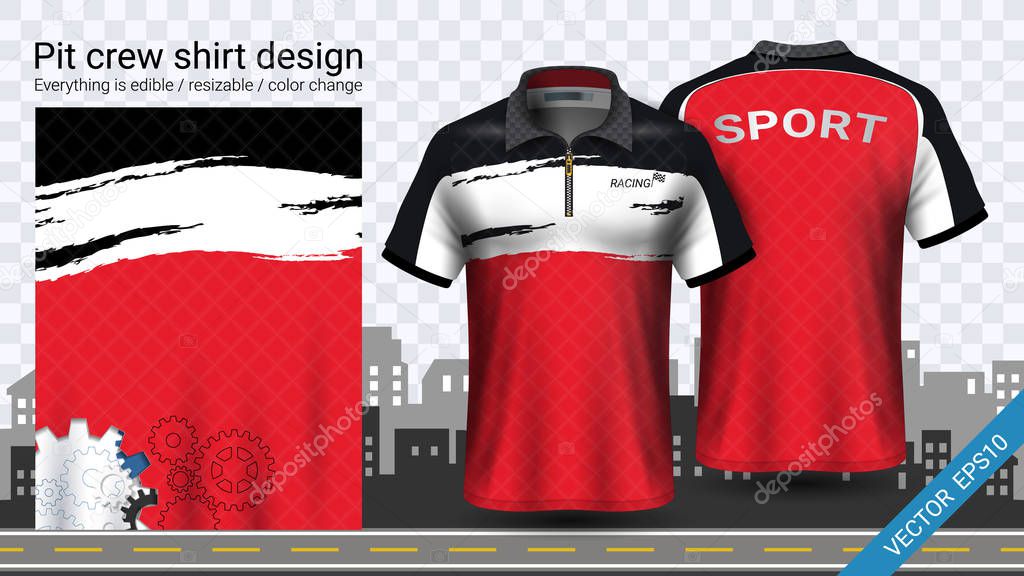 Polo t-shirt with zipper, Racing uniforms mockup template for Active wear and Sports clothing, such as, Racing apparel, Karting, Pit crew, Mechanic overalls, Everything is editable and Color change.