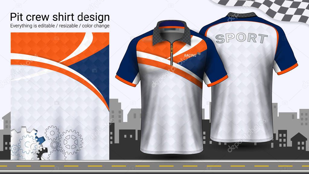 Polo t-shirt with zipper, Racing uniforms mockup template for Active wear and Sports clothing, such as, Racing apparel, Karting, Pit crew, Mechanic overalls, Everything is editable and Color change.