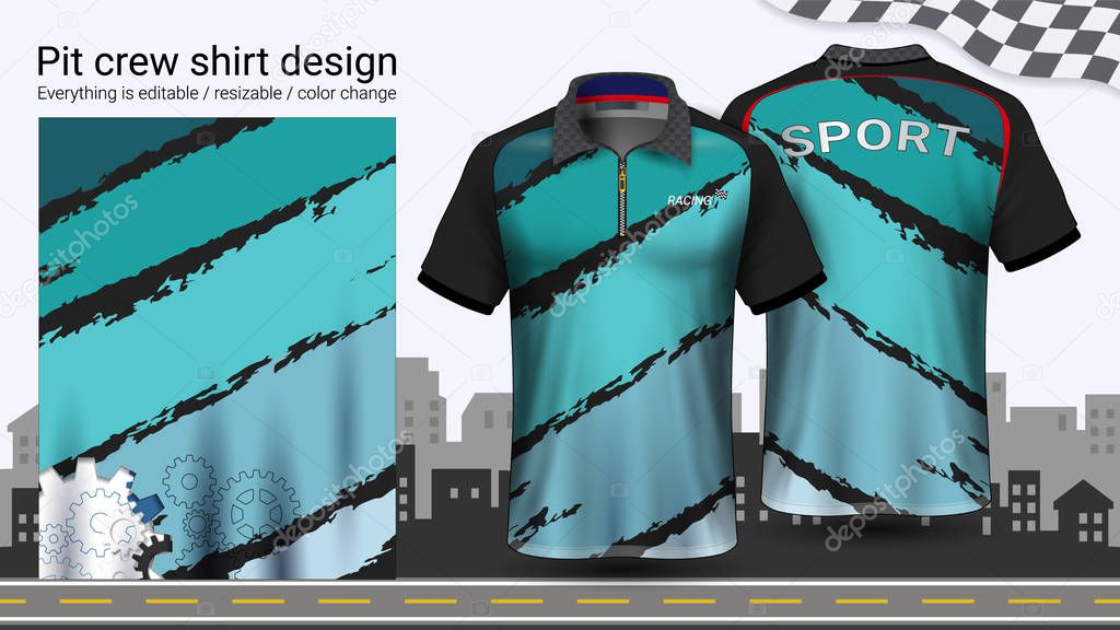 Polo t-shirt with zipper, Racing uniforms mockup template for Active wear and Sports clothing, such as, Racing apparel, Karting, Pit crew, Mechanic overalls, Everything is editable and Color change.