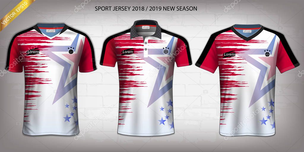 Soccer jersey and t-shirt sport mockup template, Graphic design for activewear uniforms such as Football, Volleyball, Tennis, Badminton, Table Tennis, Rugby, etc, Vector EPS10 Fully Customized.