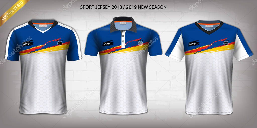 Soccer jersey and t-shirt sport mockup template, Graphic design for activewear uniforms such as Football, Volleyball, Tennis, Badminton, Table Tennis, Rugby, etc, Vector EPS10 Fully Customized.