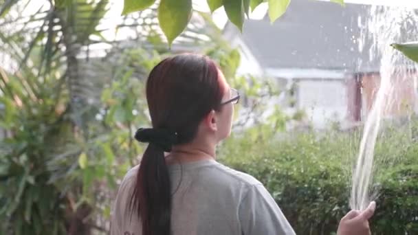 Asiatique Femme Main Arrosage Avec Arbre Dans Jardin Maison — Video